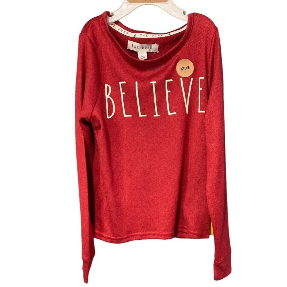 NWT Kids Rae Dunn "Believe" Red Shirt SZ 6 Kids PJ Top